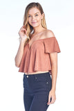 Women's Short Sleeve Flounce Swing Loose Fit Off Shoulder V-Wire Front Crop Top