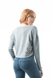 Long Sleeve Crew Neck Distressed French Terry Crop Top Sweater