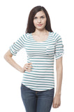elbow sleeve with button on the side striped top with front pocket