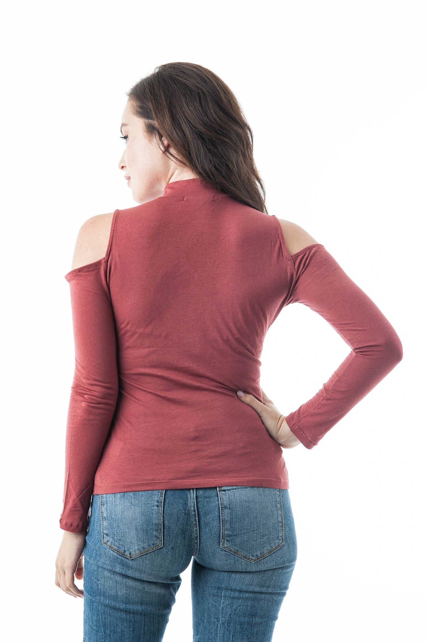 Plain Long Sleeve Open Cold Shoulder Key Hole Mock Neck Top