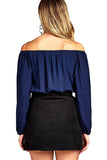 Elasticized Off-The-Shoulder Self Tie Neckline Long Sleeve Crop Top