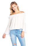 Elasticized Off Shoulder Long Trumpet Lace-Up Self-Tie Cuff Sleeve Flowy Top