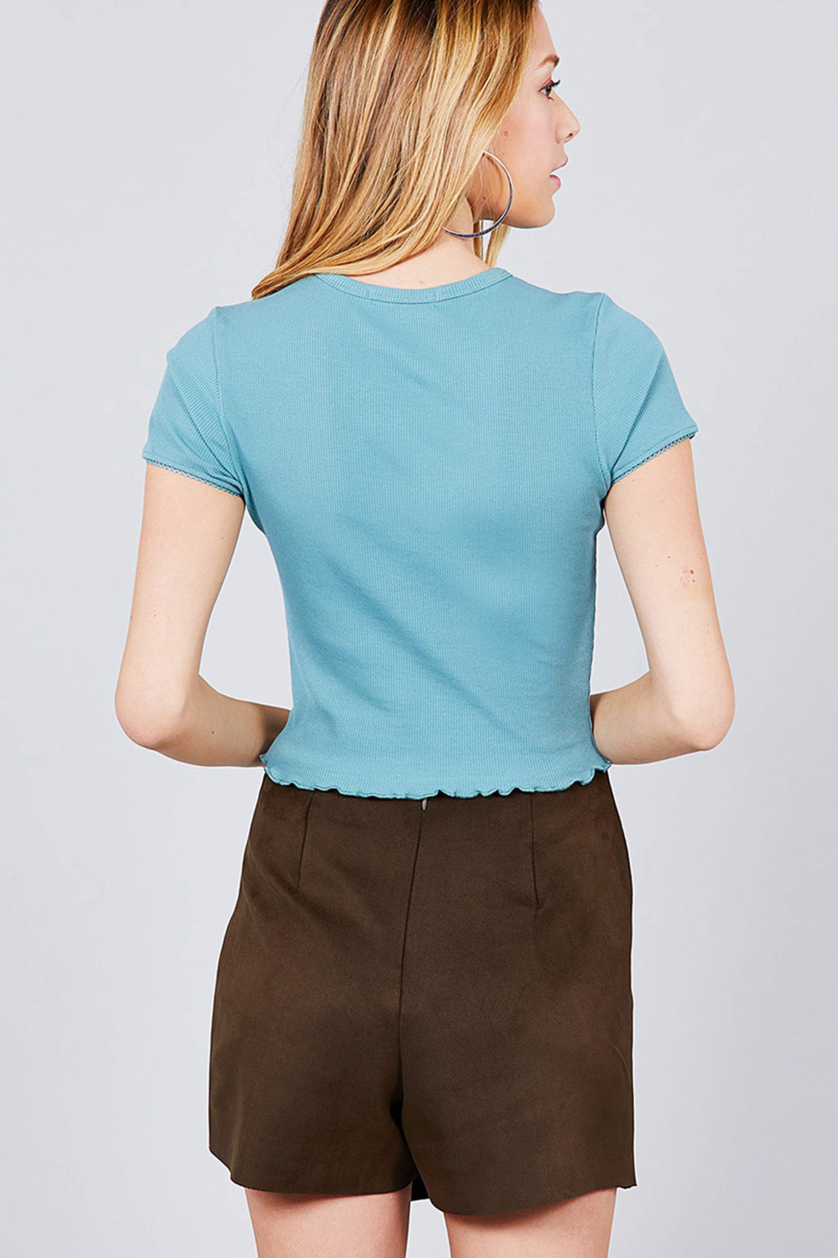 Women's Short Sleeve With Lace Trim Lettuce Hem Crewneck Top