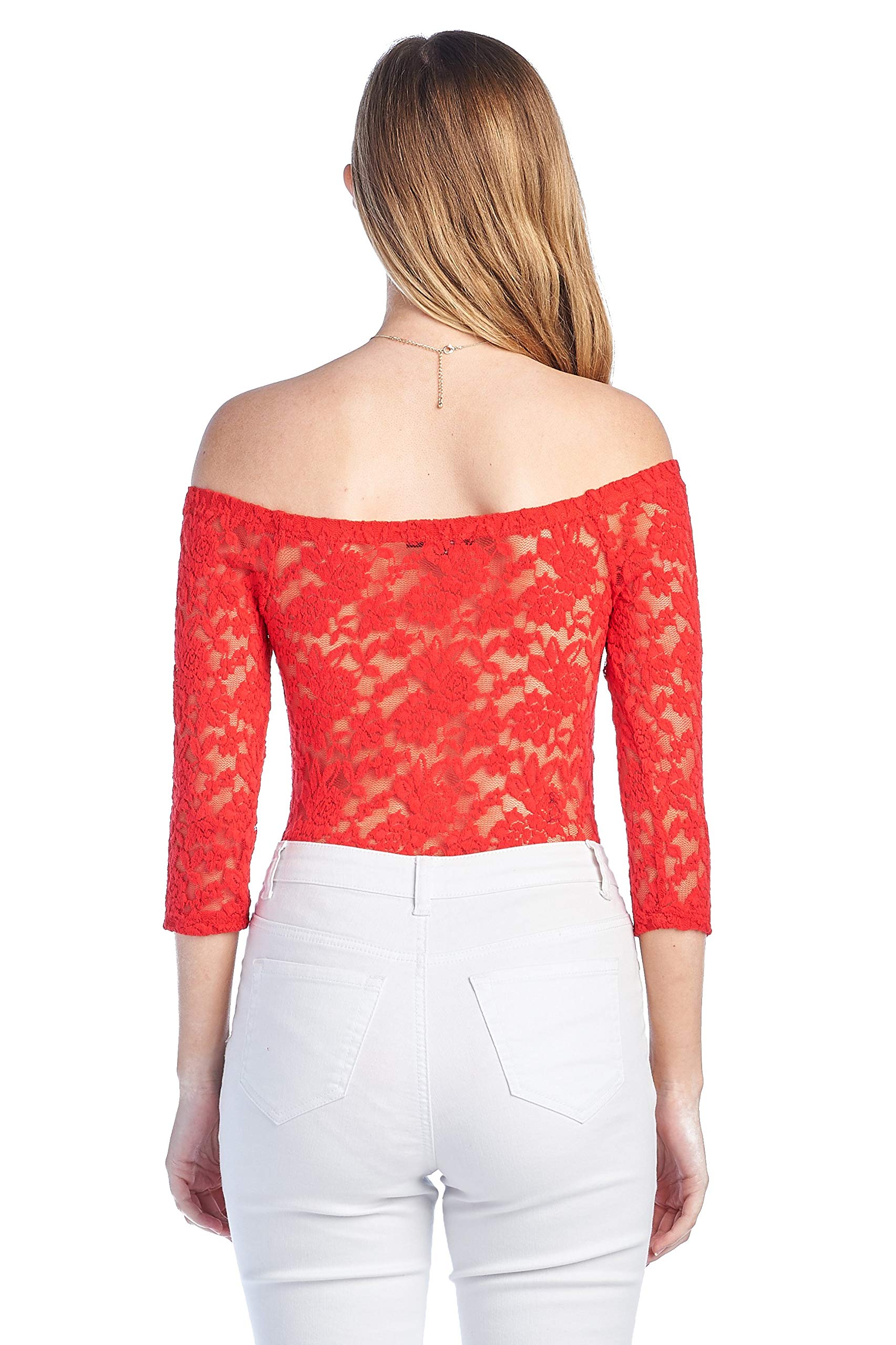 Women's 3/4 Sleeve Off Shoulder Unlined Sheer Allover Lace Bodysuit