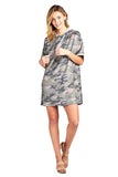 Khanomak Short Sleeve Hooded Oversized Loose Fit Casual All Over Camo Print T-Shirt Dress
