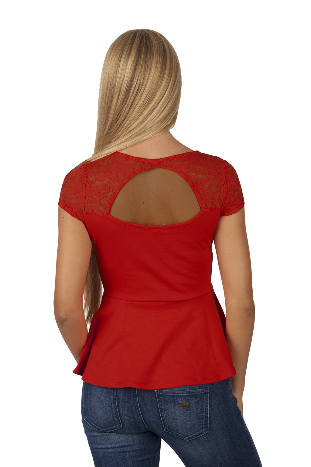 Hollywood Star Fashion Women's Short-Sleeve Lace Neck Peplum Top