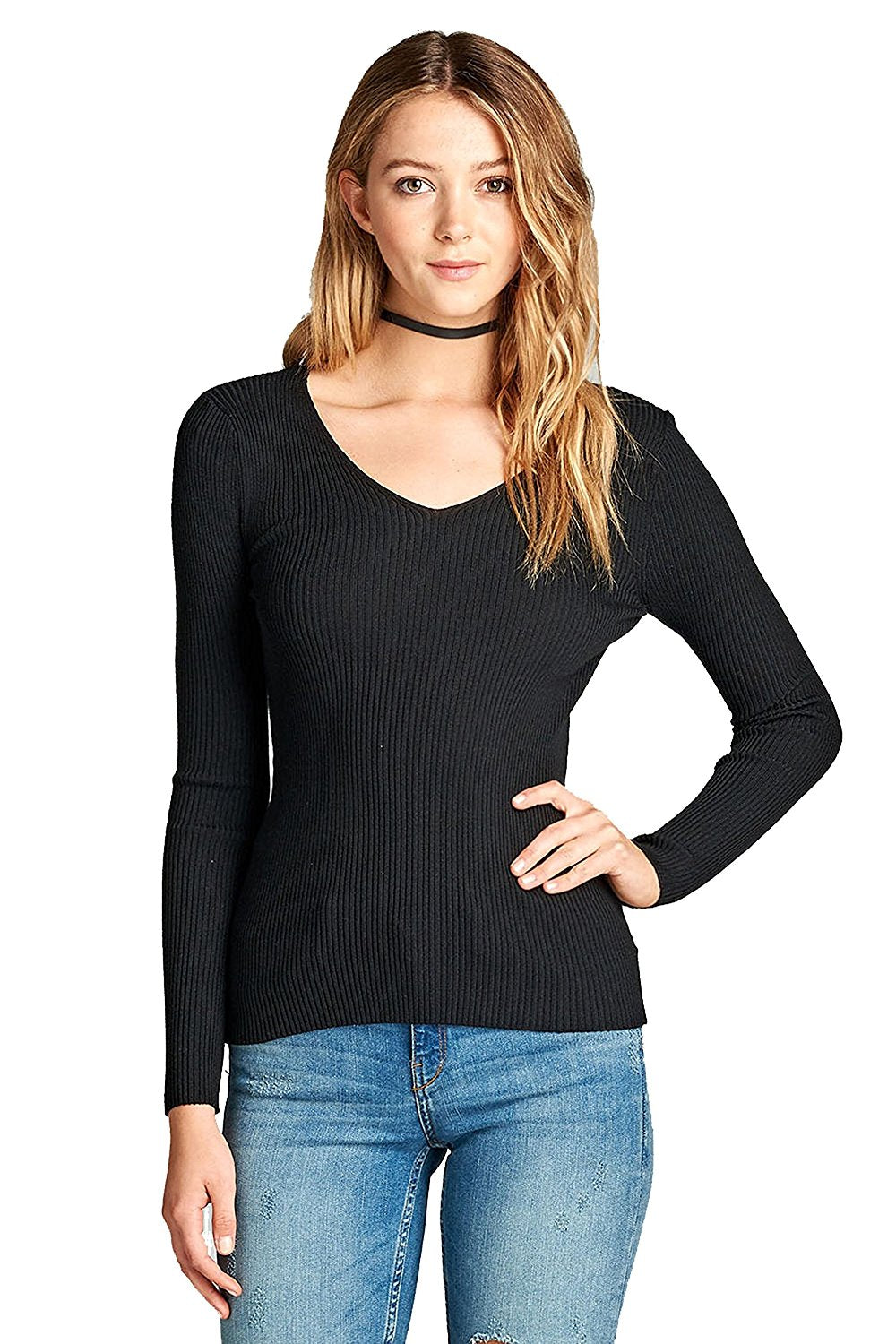 Khanomak Plain Solid Stretch Fitted Long Sleeve V Neck Ribbed Knit Lightweight Sweater Top