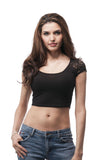 Hollywood Star Fashion Short Sleeve Crop Top With Lace Contrast