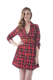 Hollywood Star Fashion 3/4 Roll Up Sleeveplaid Belted Shirt Dress
