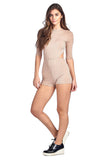 Khanomak 3/4 Sleeve Deep Open Back Side Cutout High Neck Short Ribbed Romper