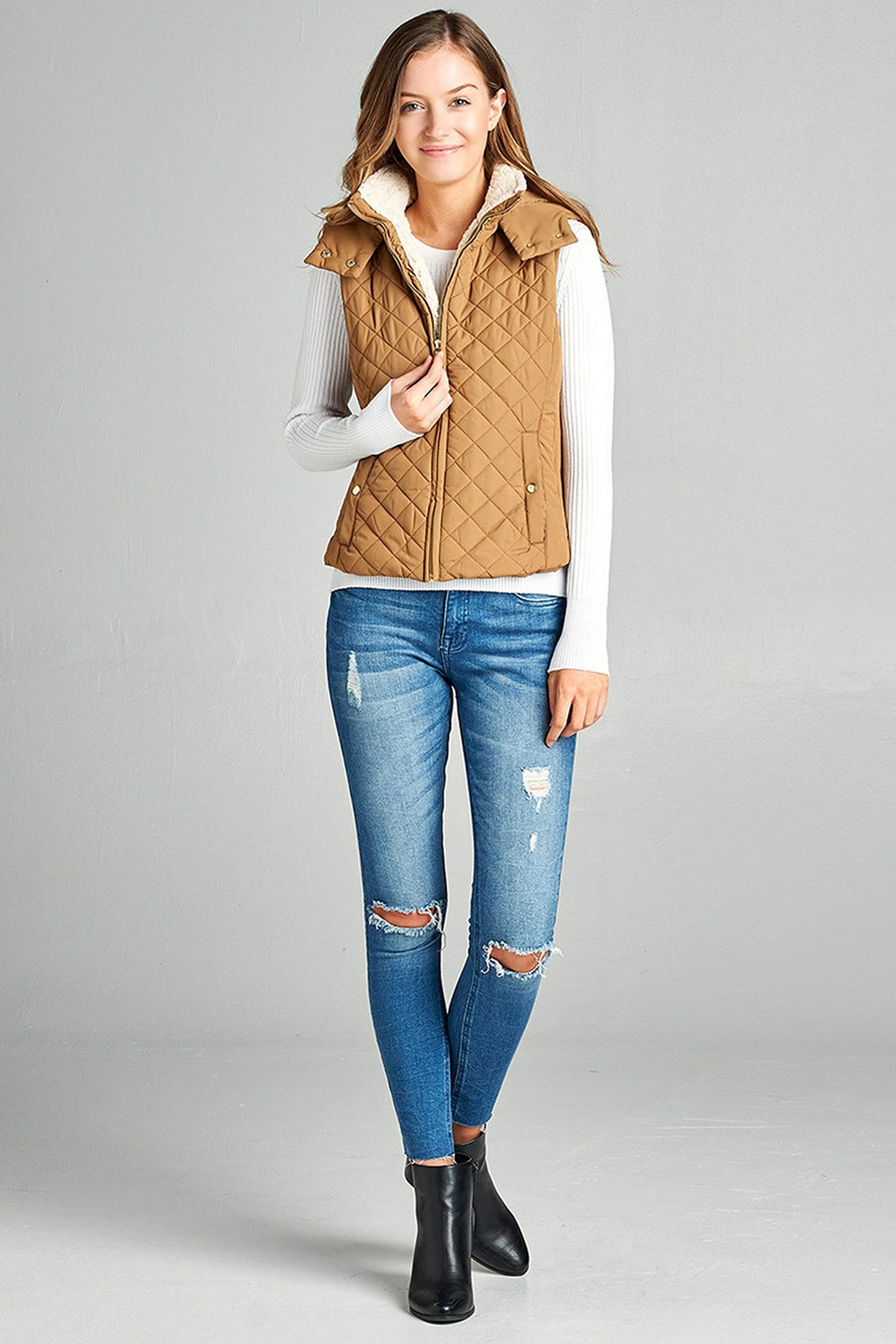 Khanomak Women's Shearling Lined Quilted Padding Hoodie Vest