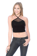 Khanomak Halter Neck Mesh Trim Crop Top