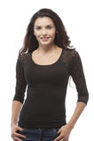 Hollywood Star Fashion 3/4 Sleeve Lace Contrast Scoop Neck Top