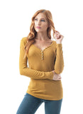 Plain Long Sleeve Ribbed V Neck Button Detail Henley Top