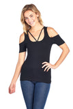 Plain Casual Stretch Short Sleeve Cold Shoulder V Neck Caged Cutout Front Top