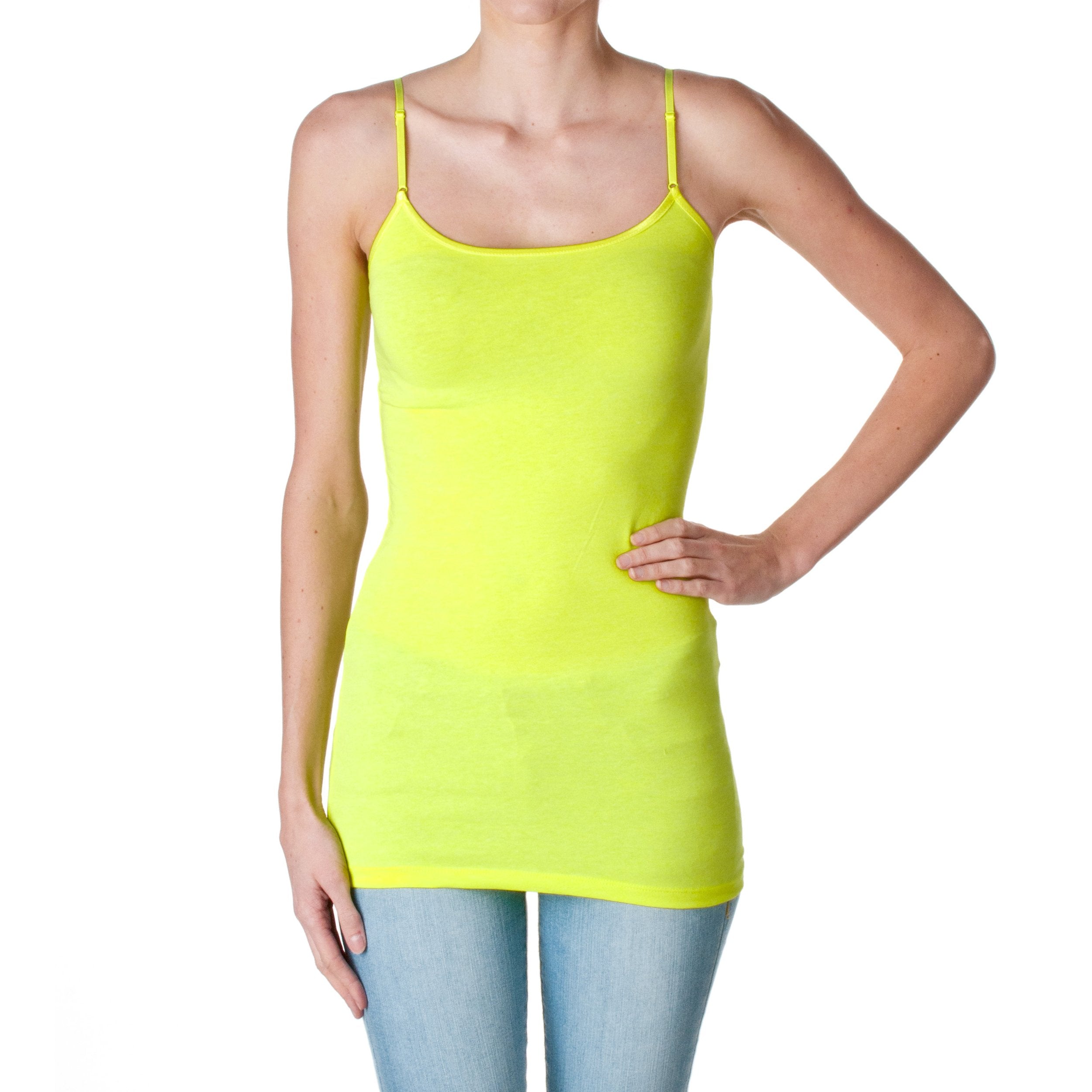 Active Products Plain Long Spaghetti Strap Tank Top Camis Basic Camisole Cotton, Neon Yellow, Large