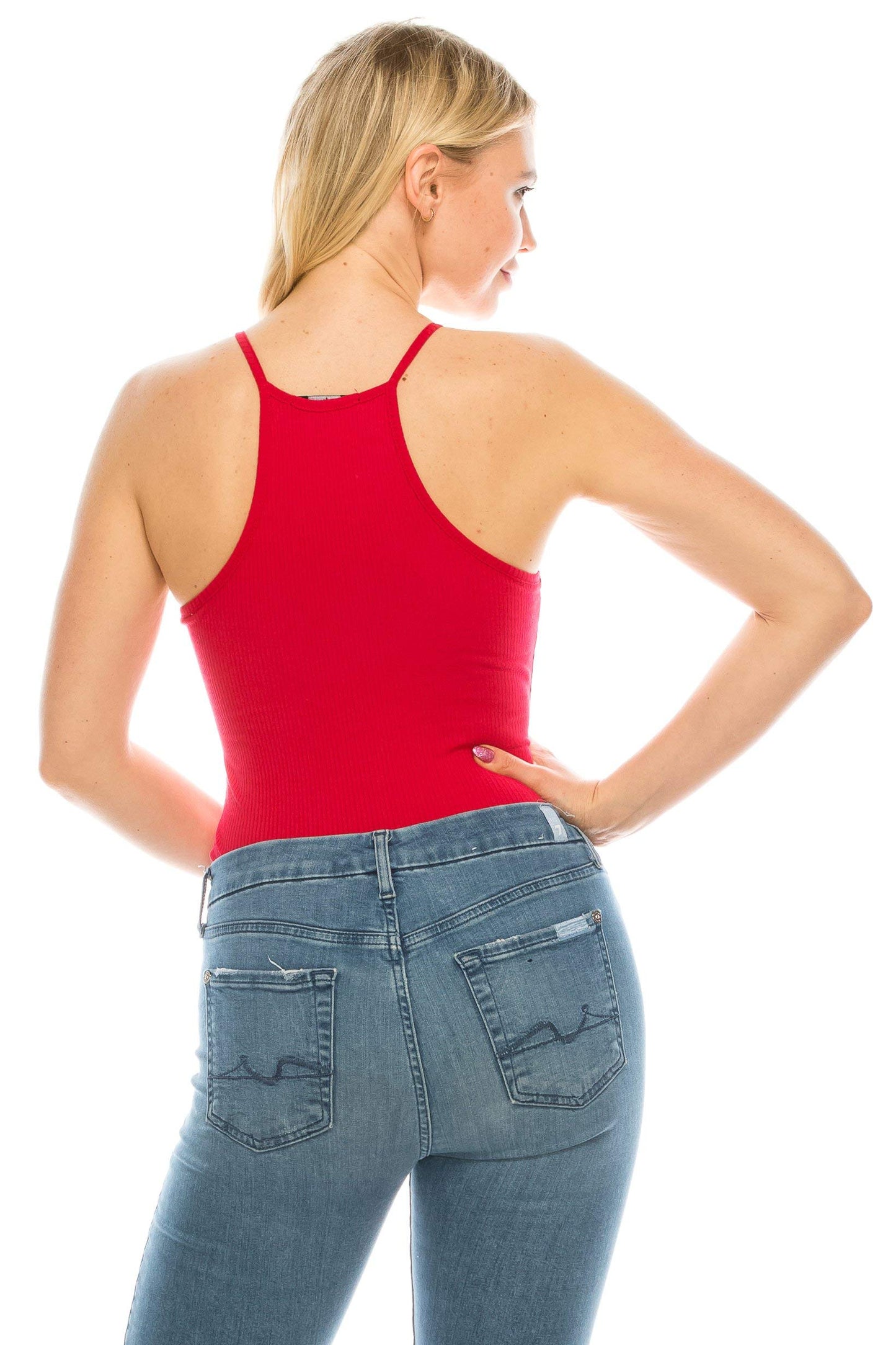 Women's Casual Sleeveless High Neck Racer Back Ribbed Cami Tank Bodysuit
