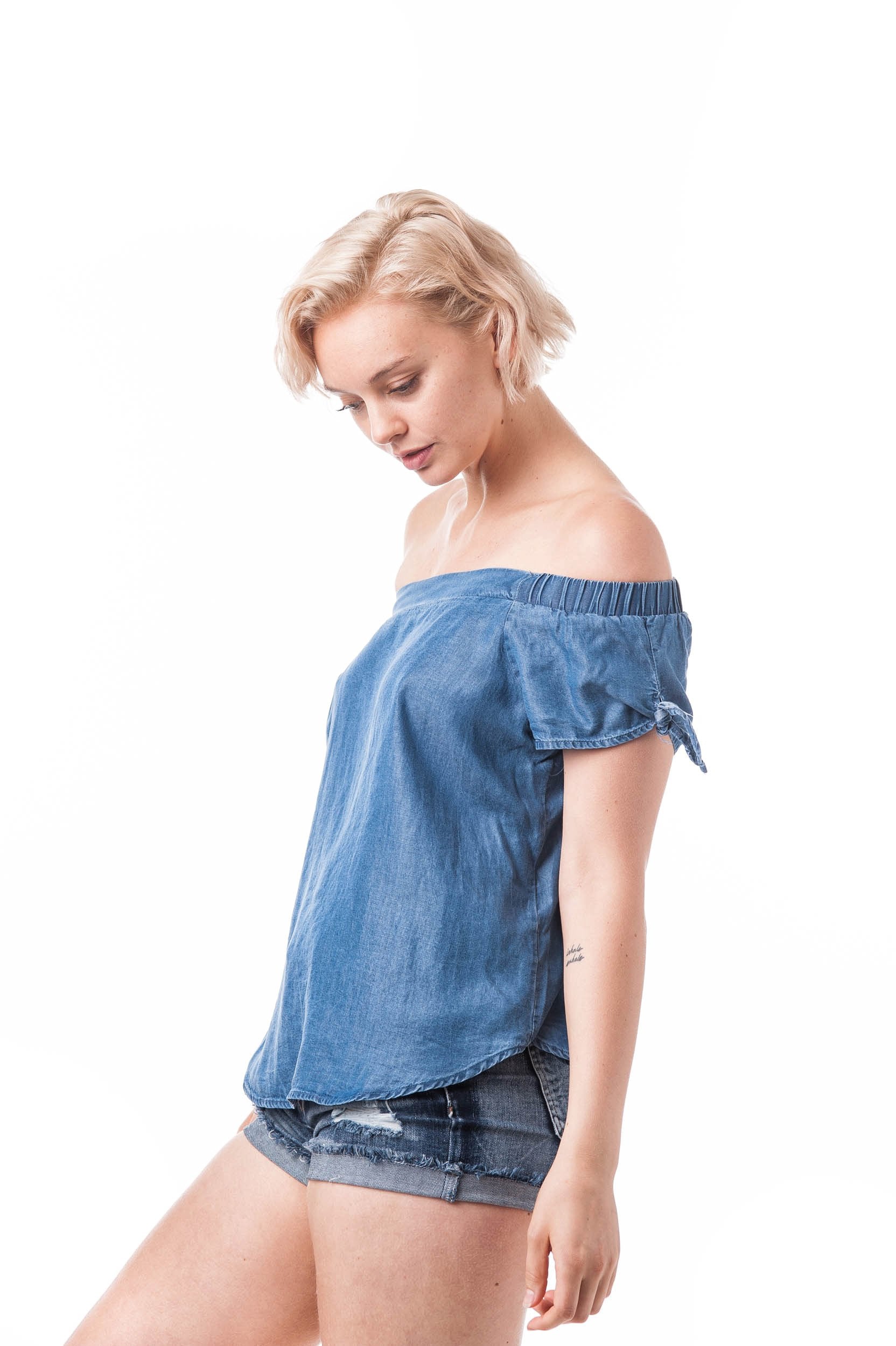 Denim Chambray Off Shoulder Top