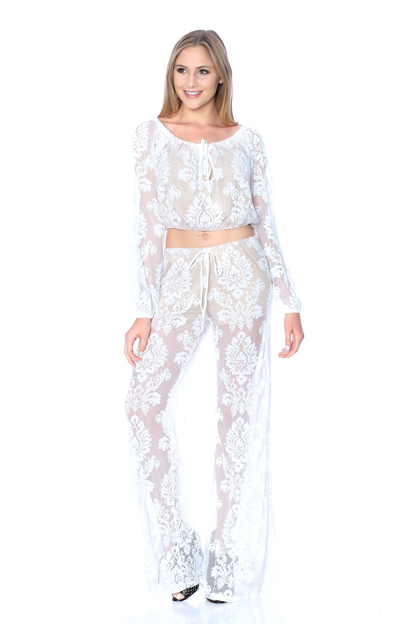 Long Sleeve Lace Crop Top (Large, Ivory)