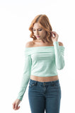 Ruched Off The Shoulder Fold Long Sleeve Plain Crop top