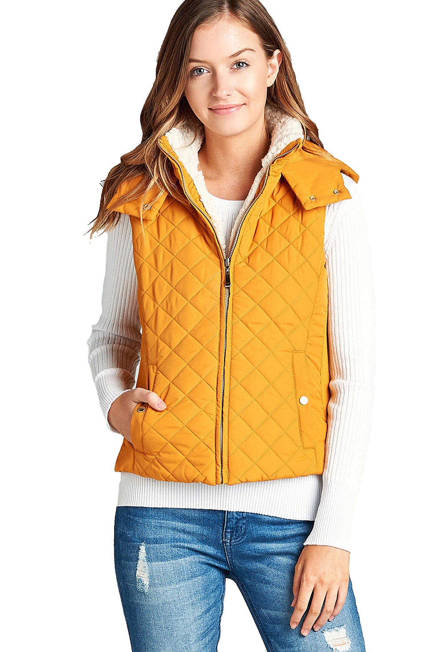 Khanomak Women's Shearling Lined Quilted Padding Hoodie Vest