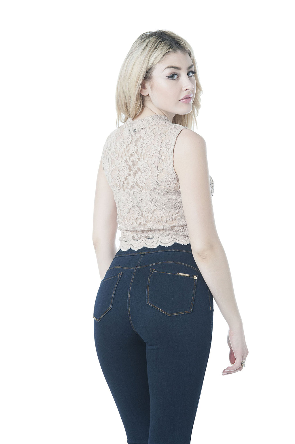Khanomak Sleeveless Lace Sheer Mock Neck Crop Top