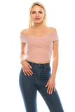 Women's Casual Cross Off Shoulder Deep V Neck Ribbed Knit Slim Wrap Short Sleeves Cross Over Crop Top