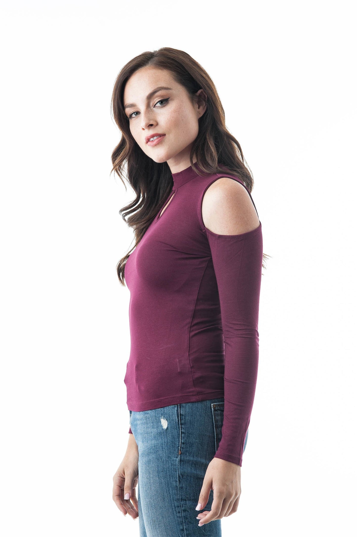 Plain Long Sleeve Open Cold Shoulder Key Hole Mock Neck Top