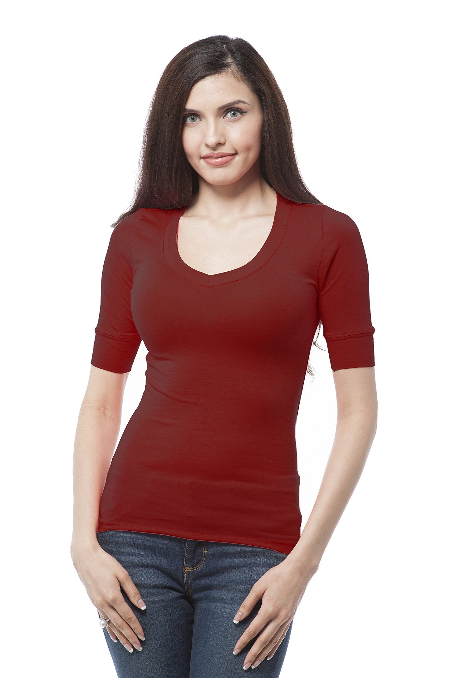 Hollywood Star Fashion Women's Plain Basic Elbow Length Sleeves V Neck Top Fitted Shirt