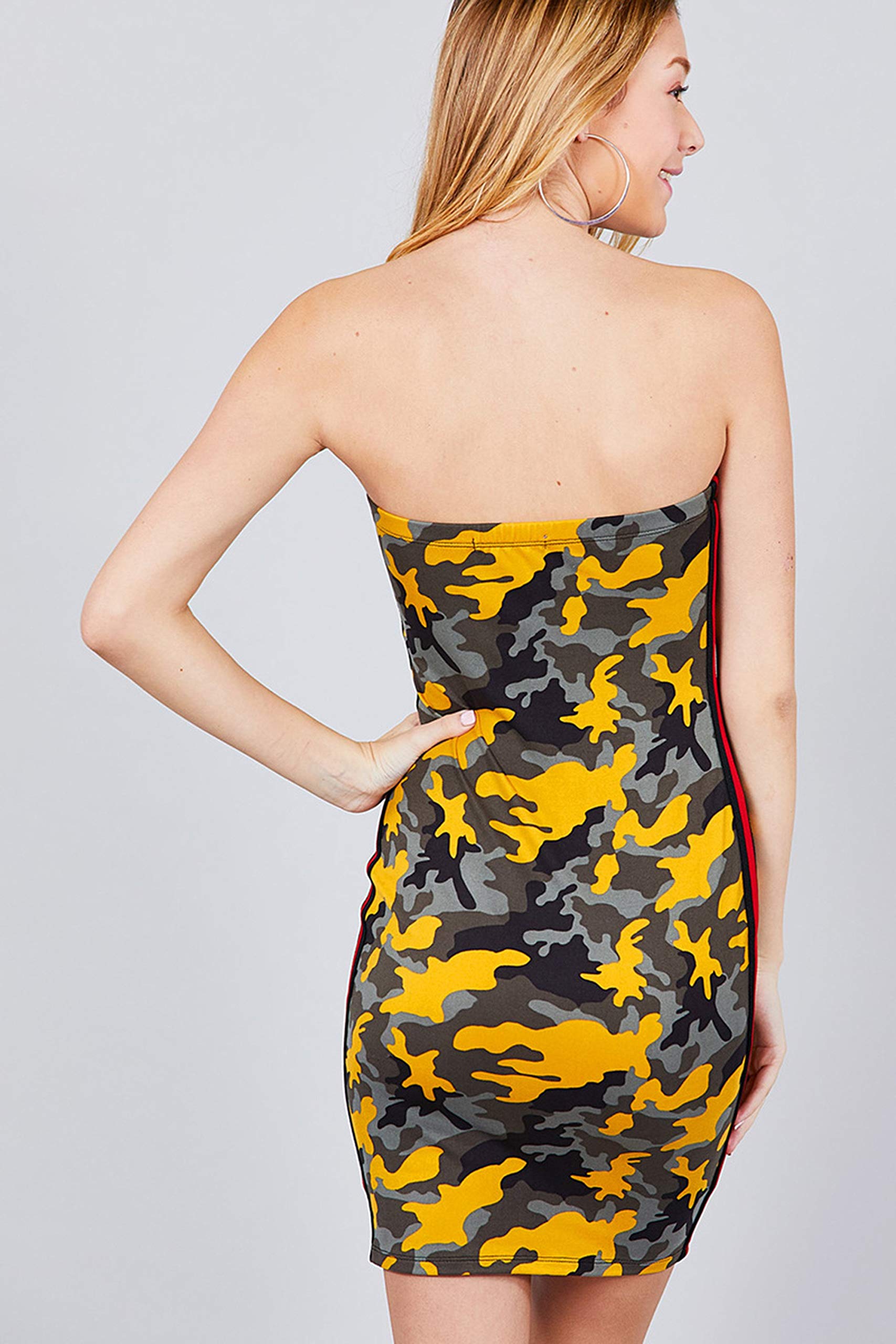 Women's Camo Print With Side Stripe Tape Tube Mini Bodycon Dress