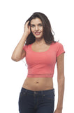 Hollywood Star Fashion Short Sleeve Scoop Neck Crop Top with Lace Trim