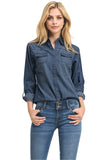 Khanomak Women's Long Sleeve Button Down Casual Basic Chambray Denim Top