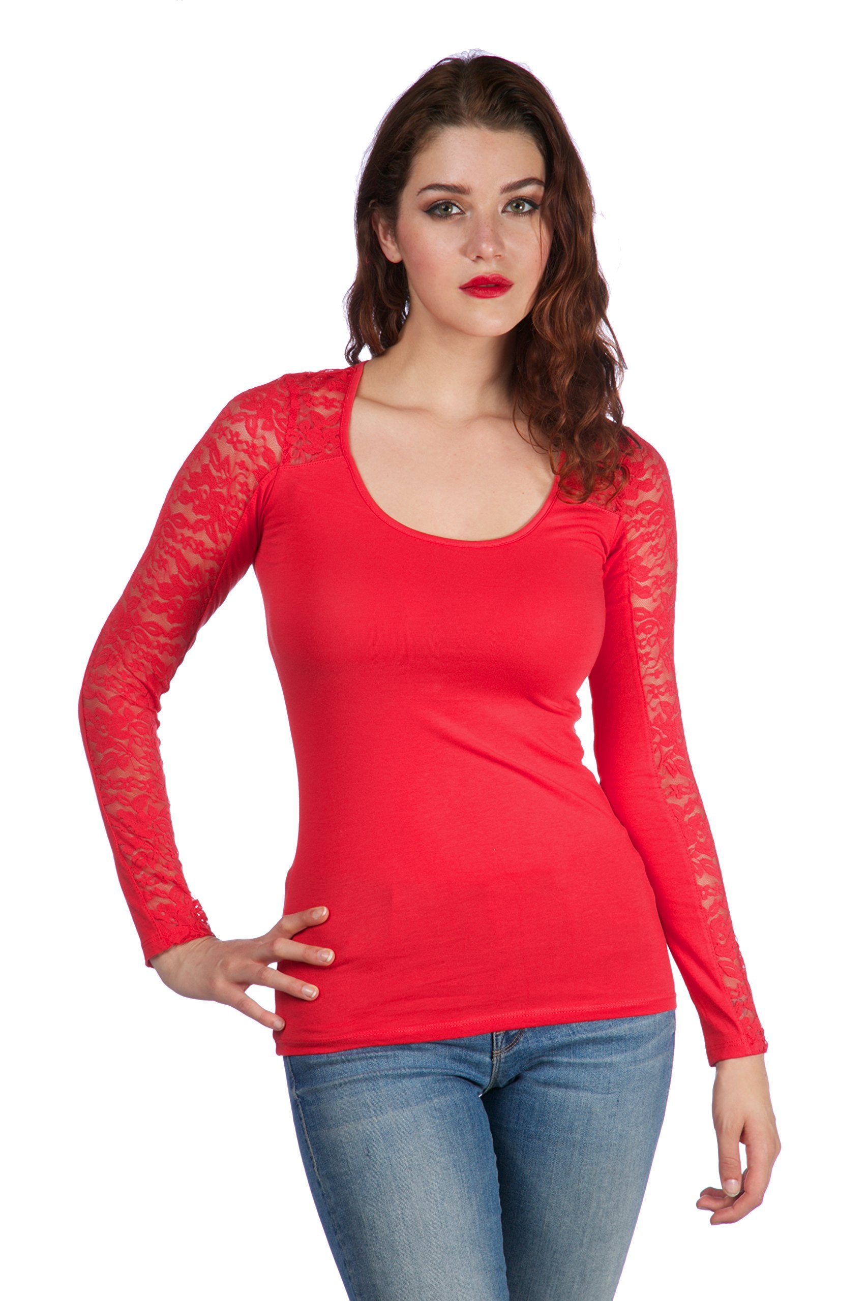Long sleeve top with lace insert on sleeves and back yoke Plus Size