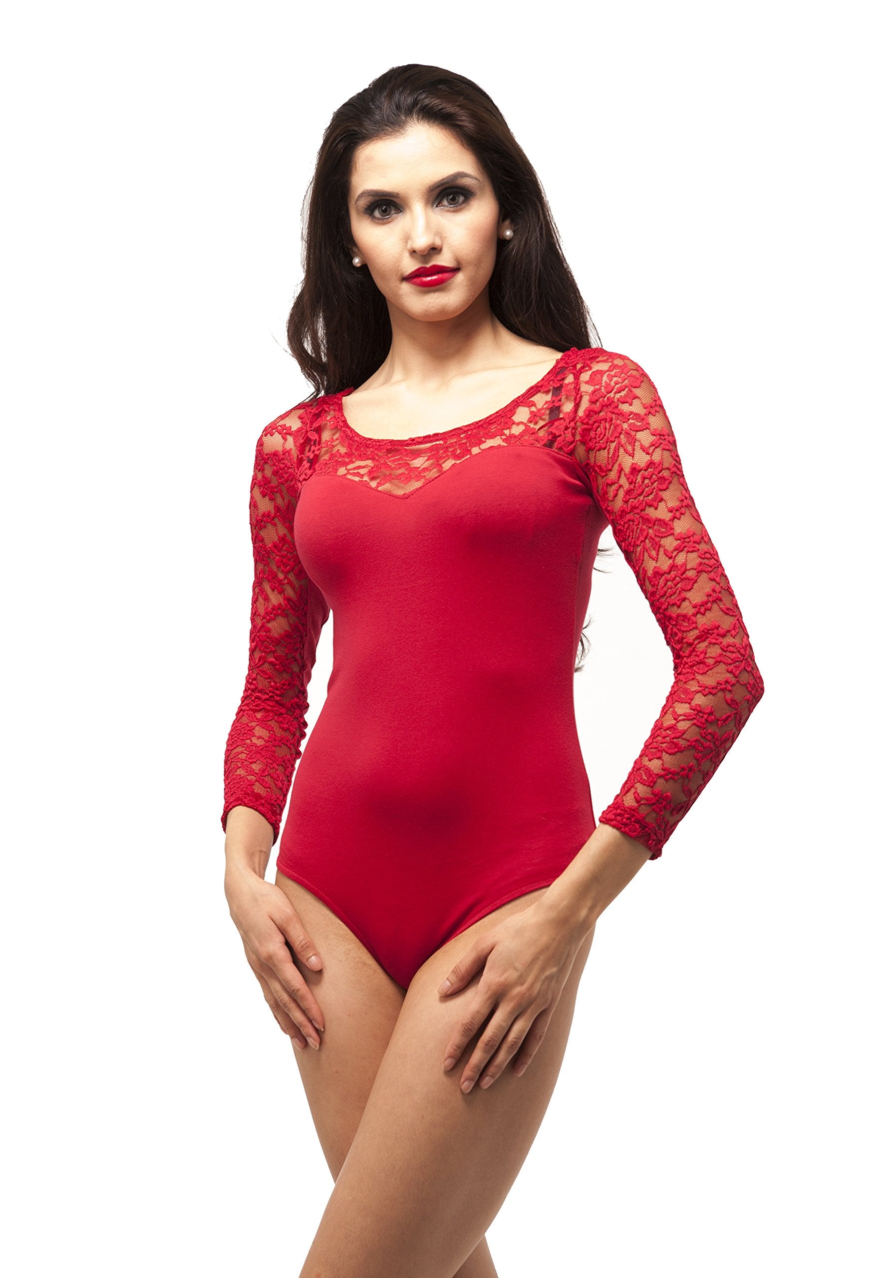 Hollywood Star Fashion Sweet Heart floral lace long sleeve leotard one piece
