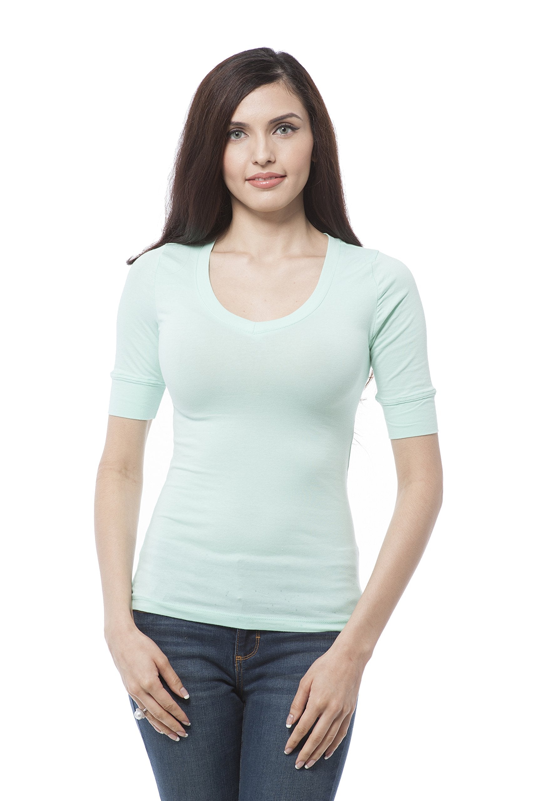 Hollywood Star Fashion Women's Plain Basic Elbow Length Sleeves V Neck Top Fitted Shirt1