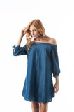 Chambray Off The Shoulder 3/4 Self-Tie Sleeves Mini Dress