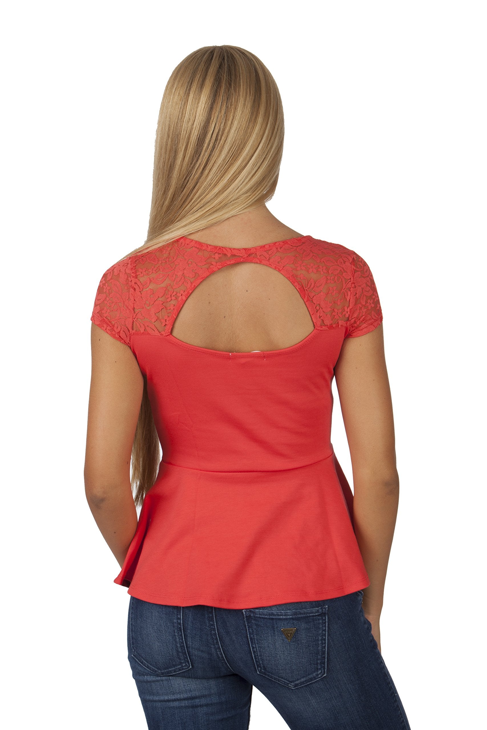 Hollywood Star Fashion Women's Short-Sleeve Lace Neck Peplum Top