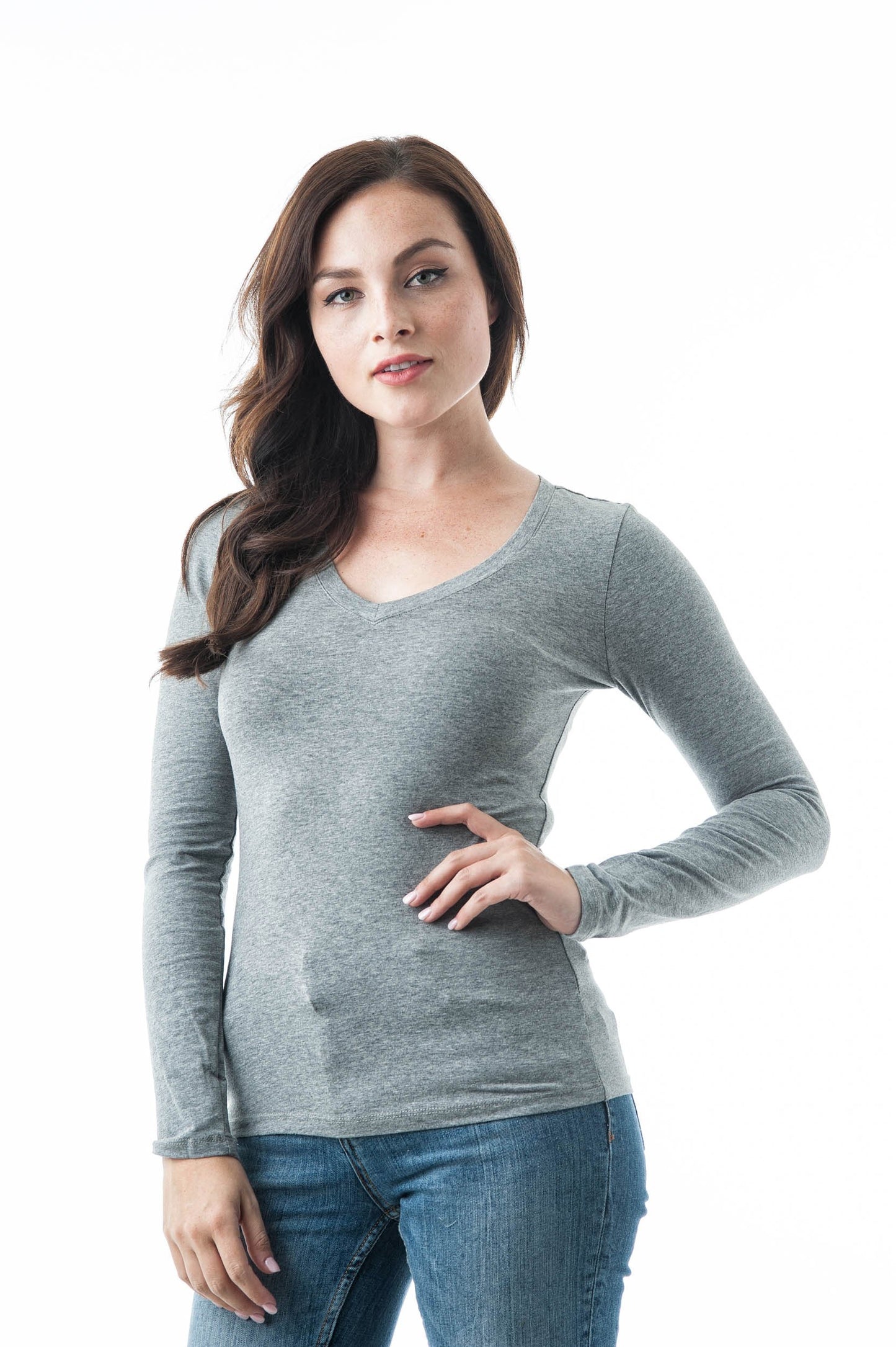 Plain V Neck Long Sleeve Tee T-Shirt