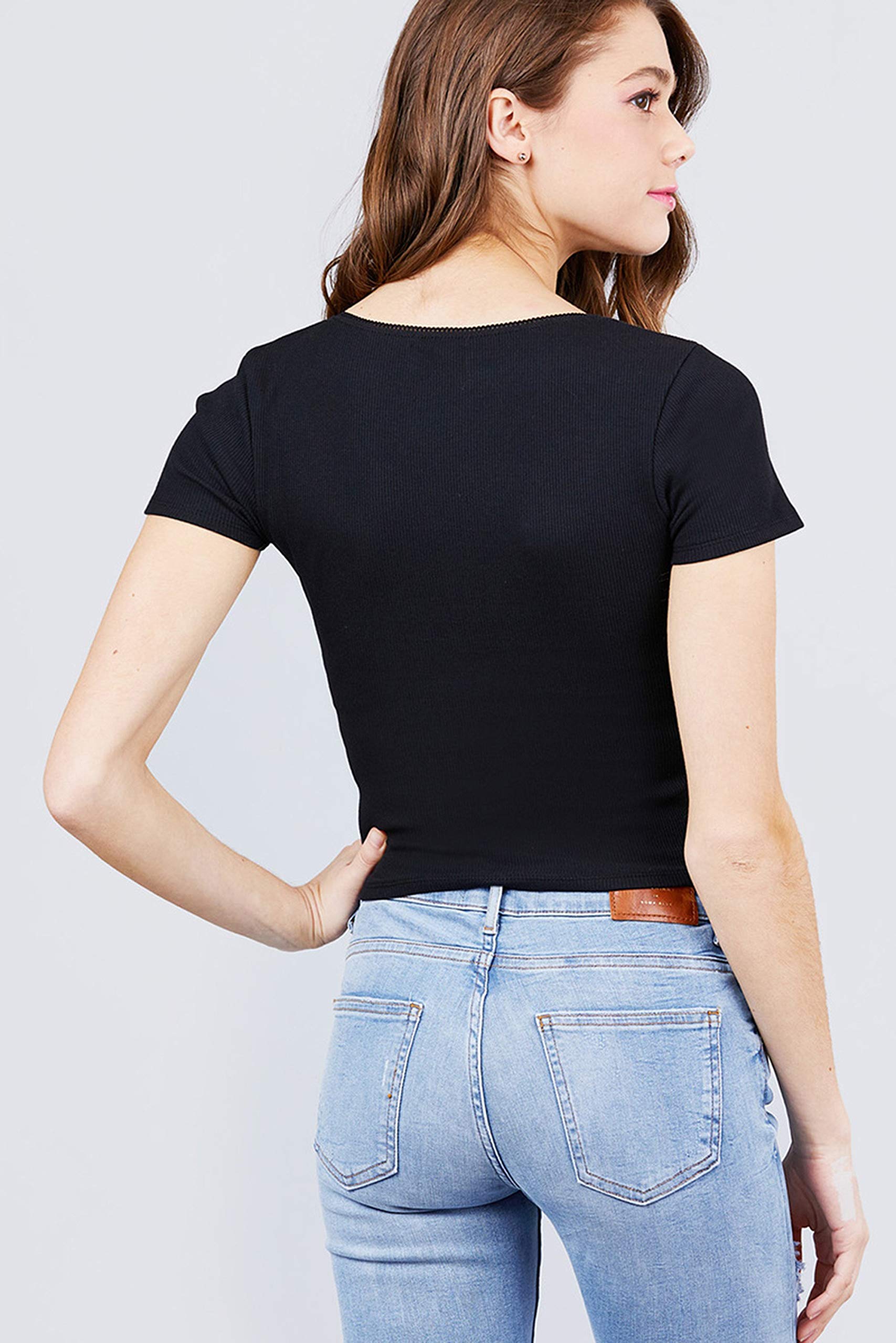 Short Sleeve Scoop Neck Lace Trim With Button Detail Ribbed Women Girls Cami Black Knit Crop Top - Casual Blouse Tunic - Small