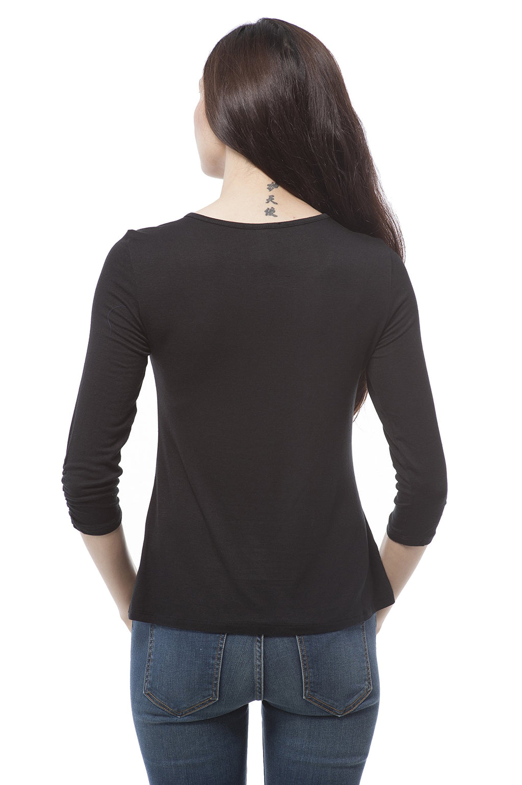 Women's 3/4 Ruched sleeve round neck with gold trim blouse