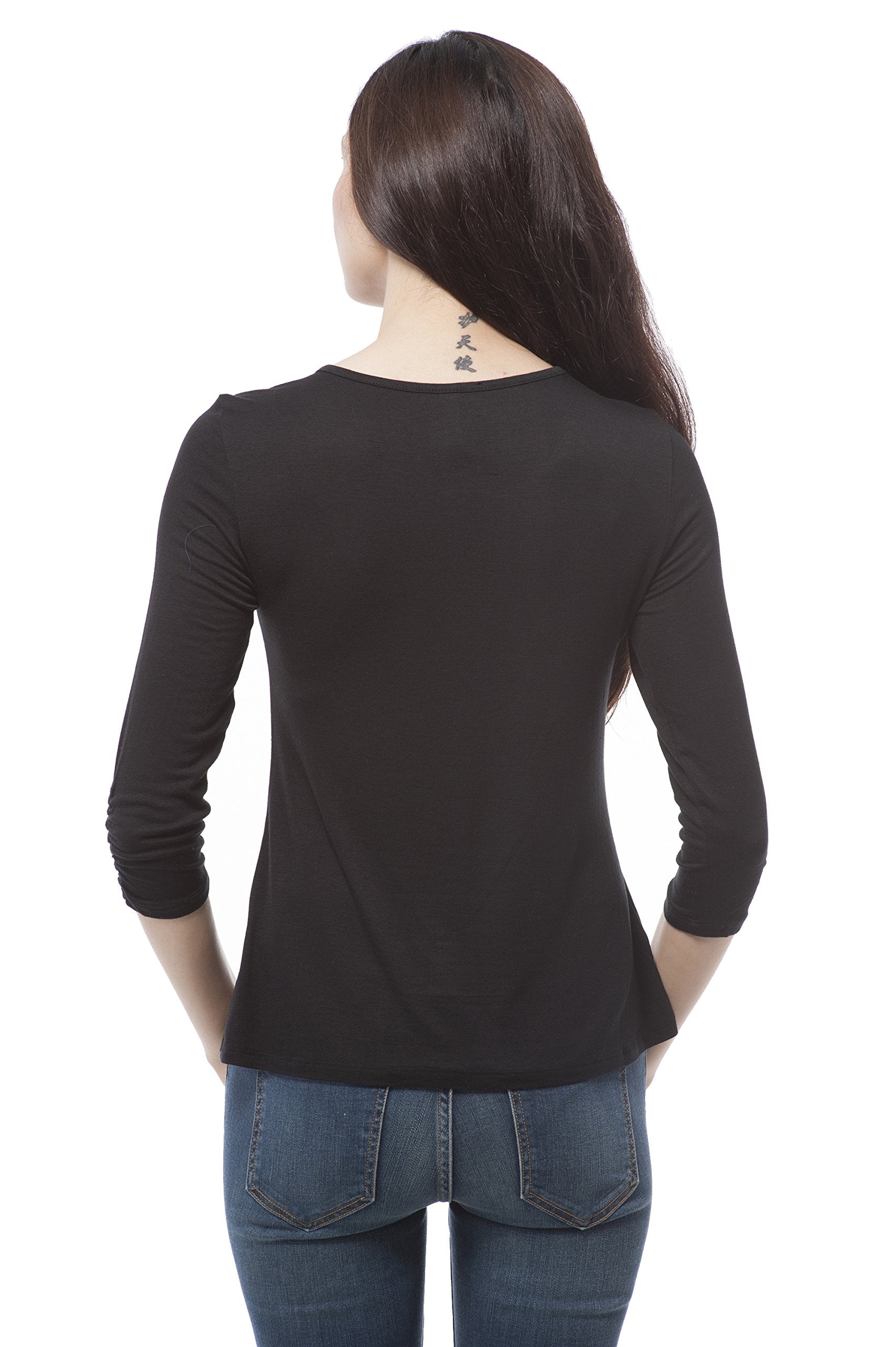 Women's 3/4 Ruched sleeve round neck with gold trim blouse
