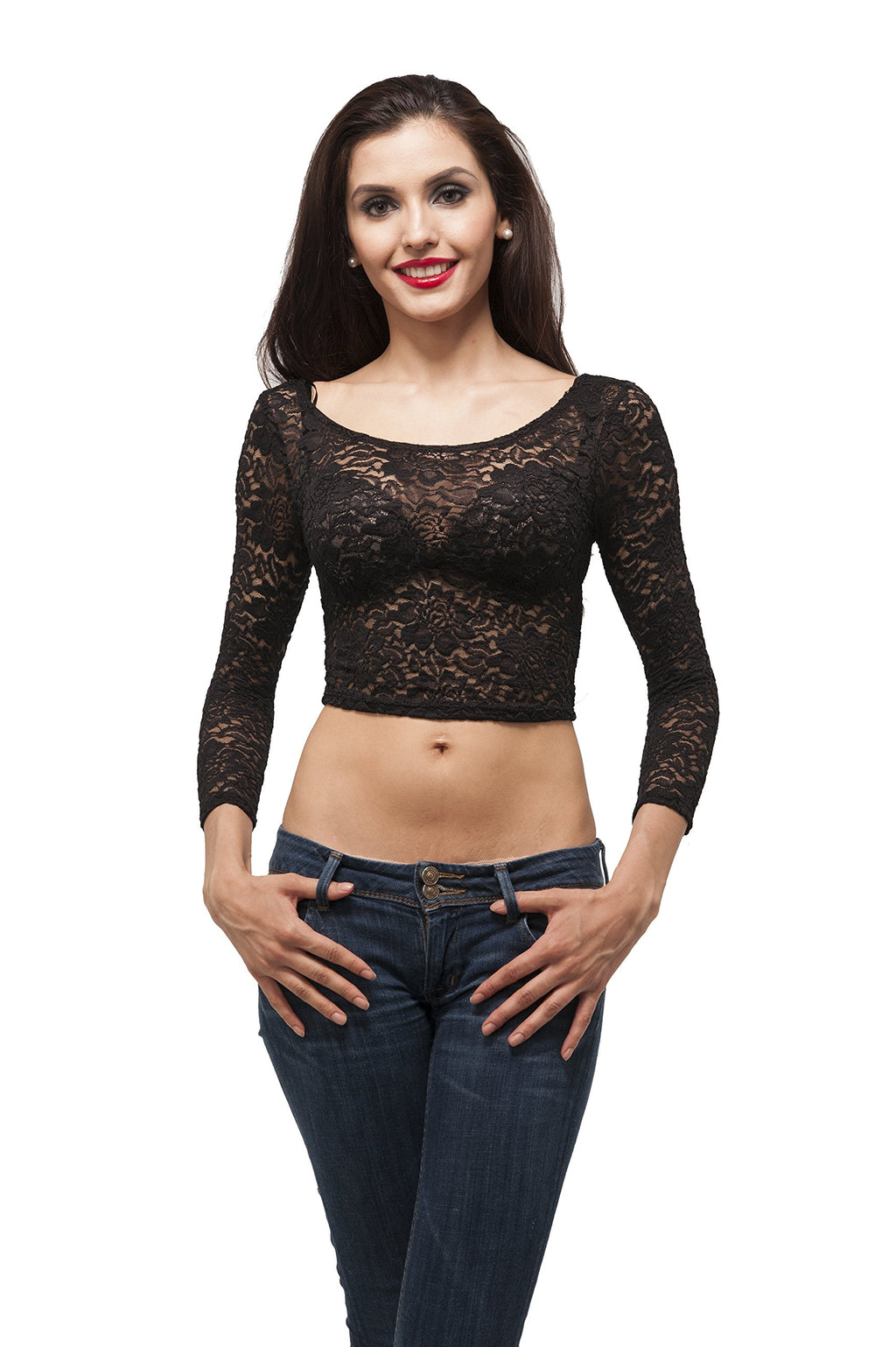 Long Sleeve Stretch Floral Lace Crop top