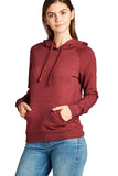 Women Casual Pullover Drawstring Kangaroo Pocket Hooded Sweatshirt Burgundy