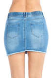 Women's Casual Cotton Elastic Drawstring Waist Distress Frayed Hem Denim Mini Skirt