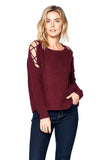 Khanomak Women's Long Sleeve Knit Open Shoulder Lace Up Sweater Top