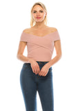 Women's Casual Cross Off Shoulder Deep V Neck Ribbed Knit Slim Wrap Short Sleeves Cross Over Crop Top