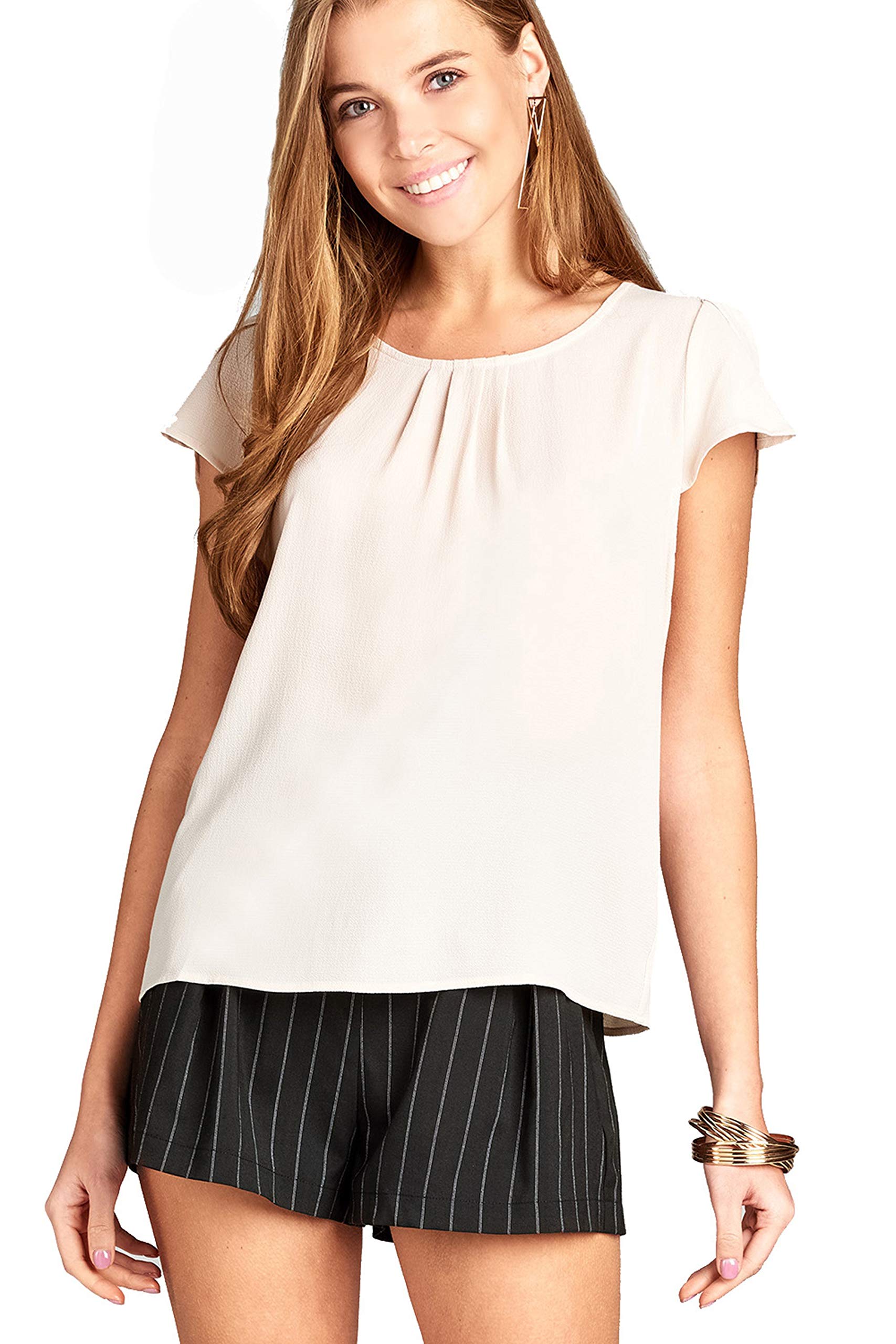 Women's Tulip Sleeve Round Neck Back Button Crepe Top