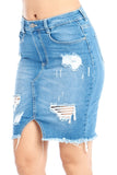 Women's Classic Cotton High-Rise Denim Jean Casual Basic Distress Frayed Asymmetrical Hem Midi Skirt