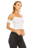 Women's Sinched Smocked Lettuce Hem Tacked Sleeves Strappy Crop Top