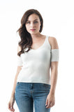 Short Sleeve Cold Shoulder Knit Ribbed V Neck Crop Top